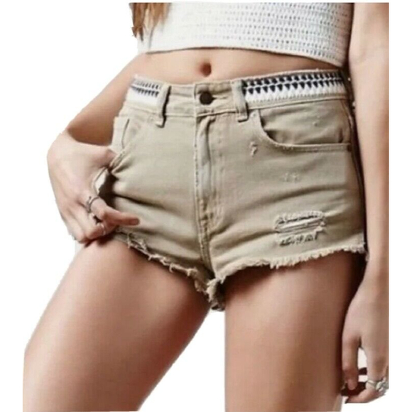 P.S. Erin Wasson Tan Distressed Destroyed Denim Jean Shorts Boho Trim Waist 27 - Picture 2 of 7